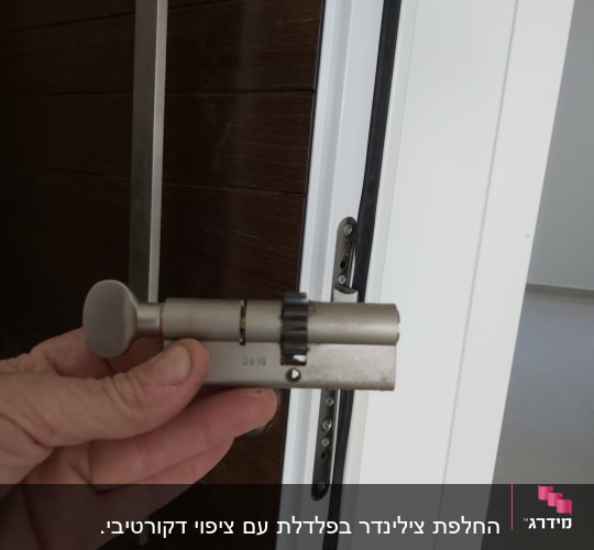 יד מחזיקה צילינדר מנעול מול דלת עץ פתוחה